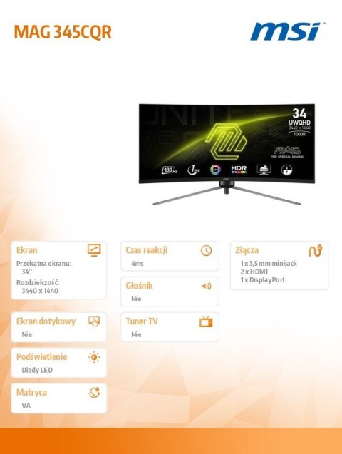 Monitor 34 cale MAG 345CQR LED/WQHD/Curved/180Hz/czarny