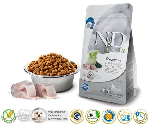 FARMINA N&D WHITE DOG SEA BASS, Spirulina and Fennel Adult Mini - sucha karma dla psów ras białych - 2 kg FARMINA N&D WHITE DOG SEA BASS, Spirulina and Fennel Adult Mini - sucha karma dla psów ras białych - 2 kg