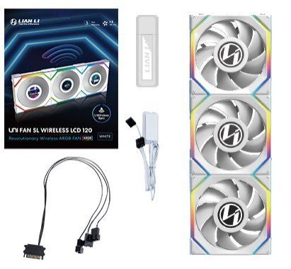 Wentylator Lian Li LULI-100 UNI FAN SL LCD, ARGB, PWM, 3x, 120 mm, Bezprzewodowe sterowanie za pomocą kontrolera 2.4GHz, biały Wentylator Lian Li LULI-100 UNI FAN SL LCD, ARGB, PWM, 3x, 120 mm, Bezprzewodowe sterowanie za pomocą kontrolera 2.4GHz, biały