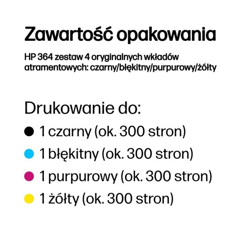 HP 364 zestaw 4 oryginalnych wkładów atramentowych: czarny/błękitny/purpurowy/żółty