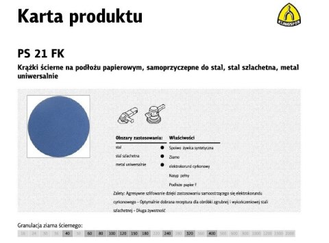 Krążek ścierny samoprzylepny KLINGSPOR PS21FK 125mm gr.60 50szt. Krążek ścierny samoprzylepny KLINGSPOR PS21FK 125mm gr.60 50szt.