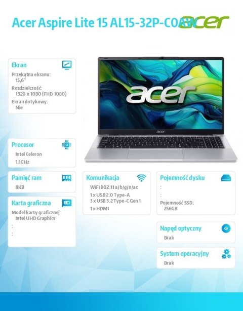 Laptop Acer Aspire Lite 15 AL15-32P-C0AW Celeron N4500, 15.6 FHD IPS, 8GB, 256GB SSD, No OS, Pure Silver