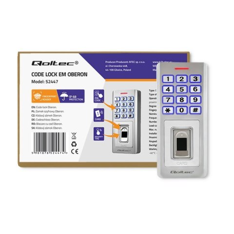 QOLTEC ZAMEK SZYFROWY OBERON Z CZYTNIKIEM LINII PAPILARNYCH | RFID | KOD | KARTA | BRELOK | DZWONEK | IP68 | EM