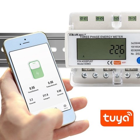 Qoltec 50883 Trójfazowy elektroniczny licznik | miernik zużycia energii na szynę DIN | Wi-Fi | TUYA | 400V | LCD