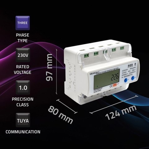 Qoltec 50883 Trójfazowy elektroniczny licznik | miernik zużycia energii na szynę DIN | Wi-Fi | TUYA | 400V | LCD