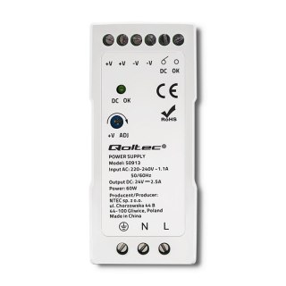 Zasilacz na szynę DIN Qoltec 50913 60W 24V 2.5A Biały Slim