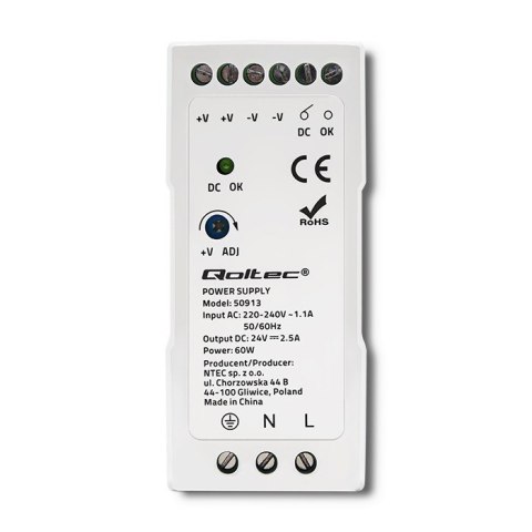 Zasilacz na szynę DIN Qoltec 50913 60W 24V 2.5A Biały Slim