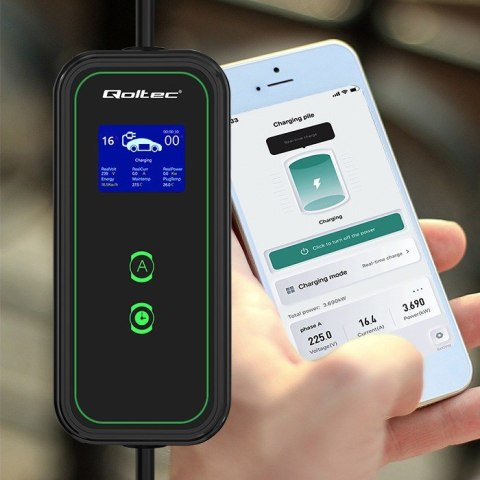 Qoltec 52476 Mobilna ładowarka do samochodu elektrycznego EV z regulacją 2w1 Typ2 | 3.5kW | 230V | Wi-fi | LCD | Przenośna | Wal