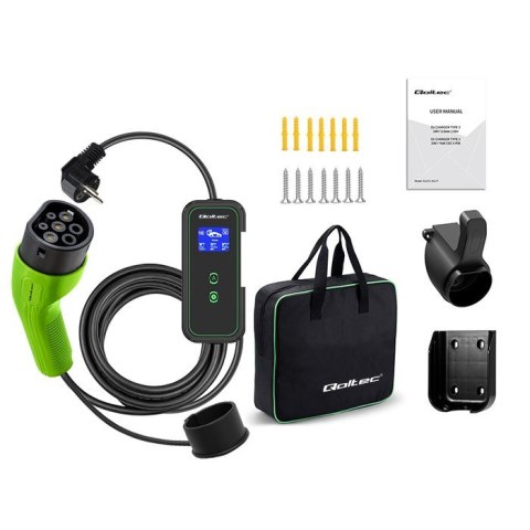 Qoltec 52476 Mobilna ładowarka do samochodu elektrycznego EV z regulacją 2w1 Typ2 | 3.5kW | 230V | Wi-fi | LCD | Przenośna | Wal