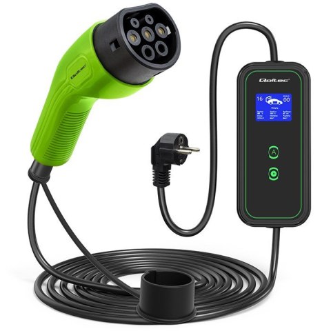 Qoltec 52476 Mobilna ładowarka do samochodu elektrycznego EV z regulacją 2w1 Typ2 | 3.5kW | 230V | Wi-fi | LCD | Przenośna | Wal