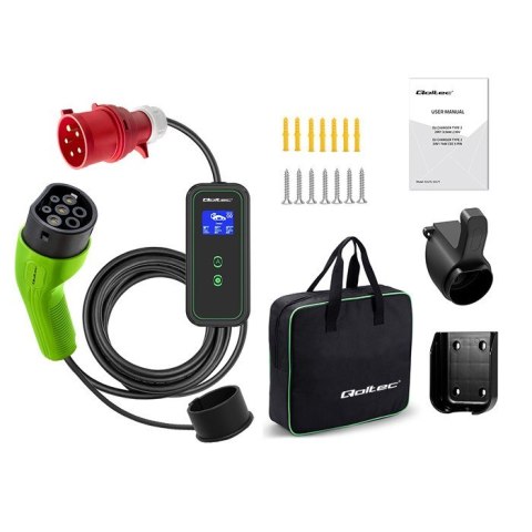 Qoltec Mobilna ładowarka do samochodu elektrycznego EV z regulacją 2w1 Typ2 | 11kW | CEE 5 PIN | LCD | 3 fazy | Przenośna | Wall