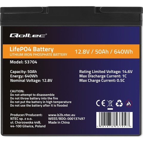 QOLTEC AKUMULATOR LIFEPO4 LITOWO-ŻELAZOWO-FOSFORANOWY | 12.8V | 50AH | 640WH | BMS