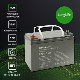 Qoltec Akumulator AGM | 12V | 36Ah | Bezobsługowy | Wydajny | LongLife | do UPS, skutera