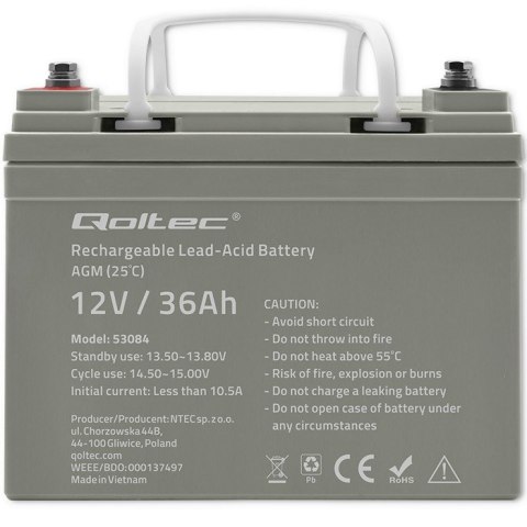 Qoltec Akumulator AGM | 12V | 36Ah | Bezobsługowy | Wydajny | LongLife | do UPS, skutera