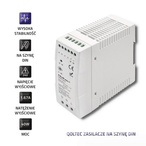 Qoltec Zasilacz na szynę DIN | 40W | 24V | 1.67A | Biały | Slim Qoltec Zasilacz na szynę DIN | 40W | 24V | 1.67A | Biały | Slim