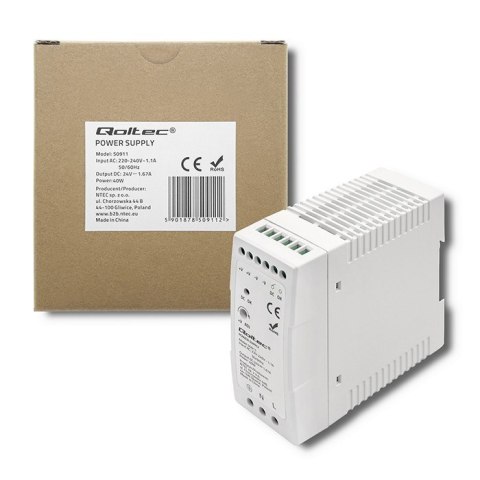 Qoltec Zasilacz na szynę DIN | 40W | 24V | 1.67A | Biały | Slim Qoltec Zasilacz na szynę DIN | 40W | 24V | 1.67A | Biały | Slim