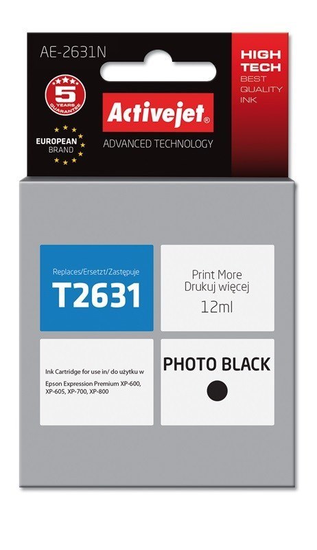 Activejet AE-2631N Tusz (zamiennik Epson 26 T2631; Supreme; 12 ml; czarny) Activejet AE-2631N Tusz (zamiennik Epson 26 T2631; Supreme; 12 ml; czarny)