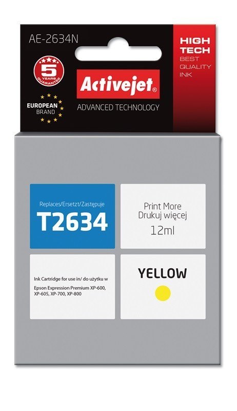 Activejet AE-2634N Tusz (zamiennik Epson 26 T2634; Supreme; 12 ml; żółty) Activejet AE-2634N Tusz (zamiennik Epson 26 T2634; Supreme; 12 ml; żółty)