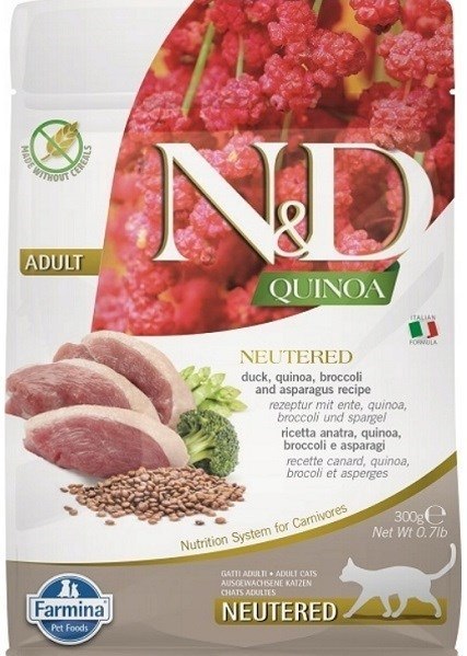 FARMINA N&D Quinoa Cat Duck, Broccoli, Asparagus Neutered Adult - sucha karma dla kota - 300 g FARMINA N&D Quinoa Cat Duck, Broccoli, Asparagus Neutered Adult - sucha karma dla kota - 300 g