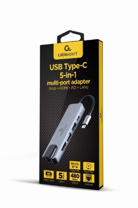 GEMBIRD MULTI ADAPTER USB TYP-C 5W1 (HUB + HDMI + PD + CZYTNIK KART + LAN) SREBRNY GEMBIRD MULTI ADAPTER USB TYP-C 5W1 (HUB + HDMI + PD + CZYTNIK KART + LAN) SREBRNY