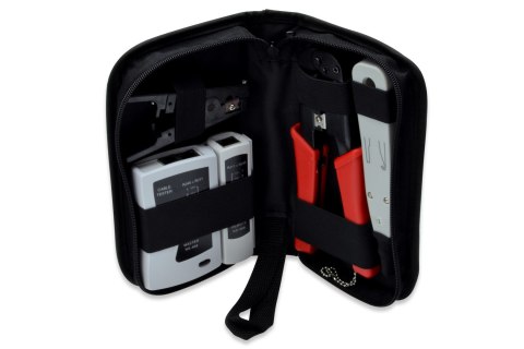 Zestaw narzędzi sieciowych (LAN tester RJ11/RJ12/RJ45, zaciskarka, stripper, narzędzie uderzeniowe) Zestaw narzędzi sieciowych (LAN tester RJ11/RJ12/RJ45, zaciskarka, stripper, narzędzie uderzeniowe)