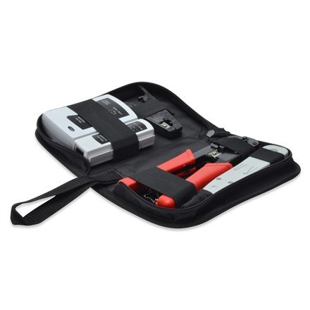 Zestaw narzędzi sieciowych (LAN tester RJ11/RJ12/RJ45, zaciskarka, stripper, narzędzie uderzeniowe) Zestaw narzędzi sieciowych (LAN tester RJ11/RJ12/RJ45, zaciskarka, stripper, narzędzie uderzeniowe)