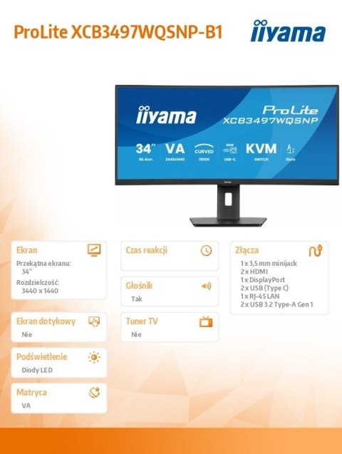 Monitor 34 cali XCB3497WQSNP-B1 VA,UWQHD,1500R,USB-cDock,KVM,95W /5y/