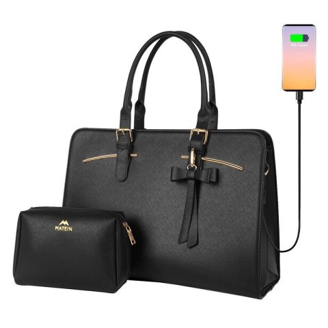 Damska torebka na laptopa z kosmetyczką 15.6'' Matein 1310 Czarna USB Damska torebka na laptopa z kosmetyczką 15.6'' Matein 1310 Czarna USB
