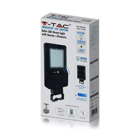 Oprawa Uliczna Solarna V-TAC 40W LED Czarna IP65 120Lm/W VT-ST42 4000K 4800lm