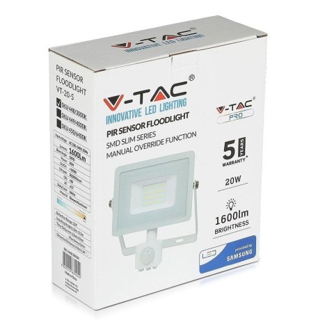 Projektor LED V-TAC VT-20-S-B 20W SAMSUNG CHIP Czujnik ruchu 6400K 1600lm (SKU 450) Biały