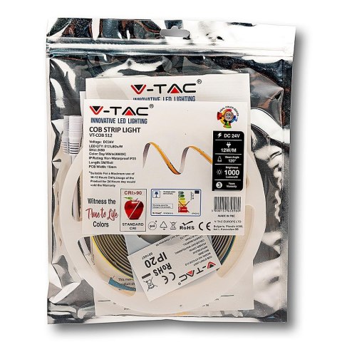 Taśma LED V-TAC VT-COB 512 bezpunktowa 512LED COB 24V CRI90+ 12W/m 6000K 1000lm (SKU 2651)