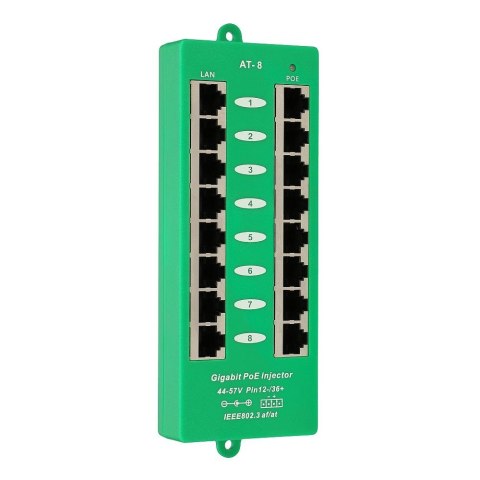 Extralink Gigabit PoE Injector 8 Portowy Aktywny, 8 portów Gigabit 802.3at/af, Mode A