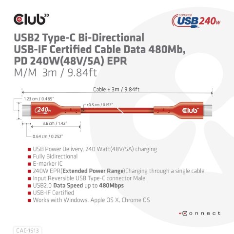 CLUB3D CAC-1513 kabel USB USB 2.0 3 m USB C Pomarańczowy