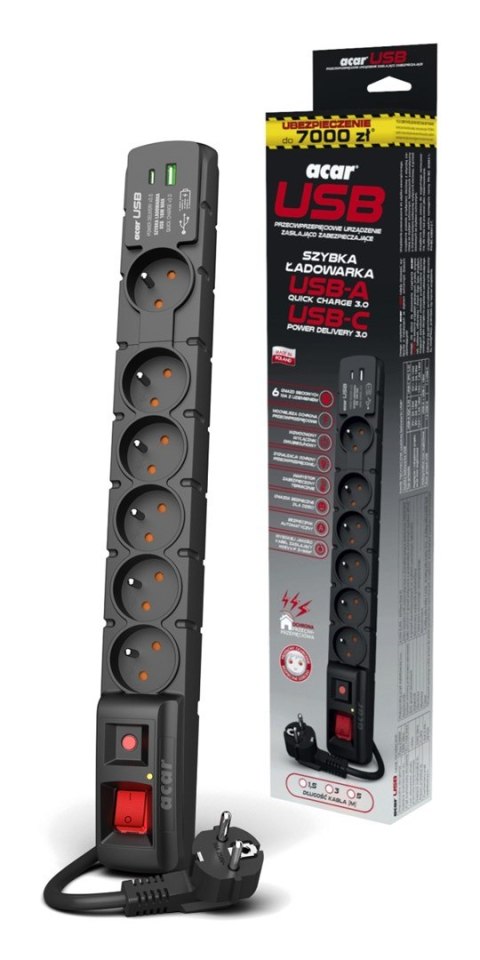 Listwa przeciwprzepięciowa Acar S6 USB A+C (szybka ładowarka) 1,5m ; czarny