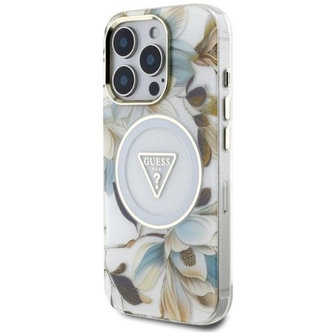 Guess Glitter Flowers Triangle Buttons MagSafe - Etui do iPhone 16 Pro Max (biały)
