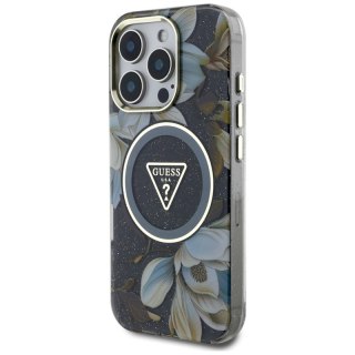 Guess Glitter Flowers Triangle Buttons MagSafe - Etui do iPhone 16 Pro Max (czarny)