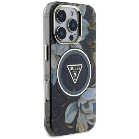 Guess Glitter Flowers Triangle Buttons MagSafe - Etui do iPhone 16 Pro (czarny)