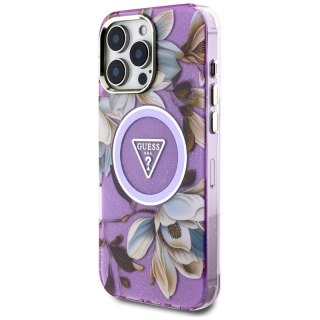 Guess Glitter Flowers Triangle Buttons MagSafe - Etui do iPhone 16 Pro (fioletowy)