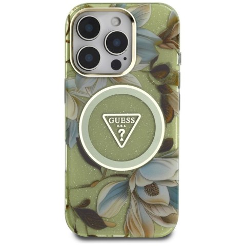 Guess Glitter Flowers Triangle Buttons MagSafe - Etui do iPhone 16 Pro (zielony)