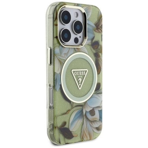 Guess Glitter Flowers Triangle Buttons MagSafe - Etui do iPhone 16 Pro (zielony)