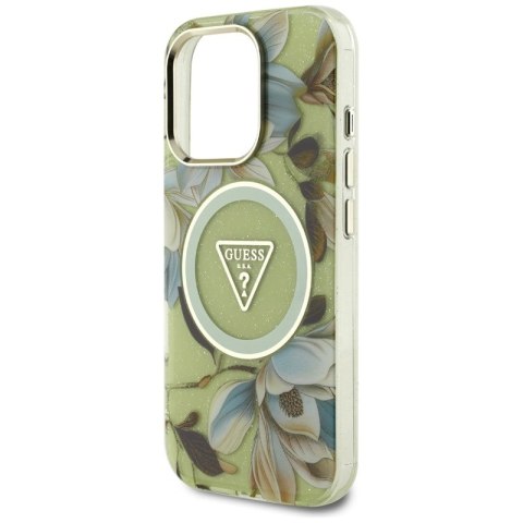 Guess Glitter Flowers Triangle Buttons MagSafe - Etui do iPhone 16 Pro (zielony)