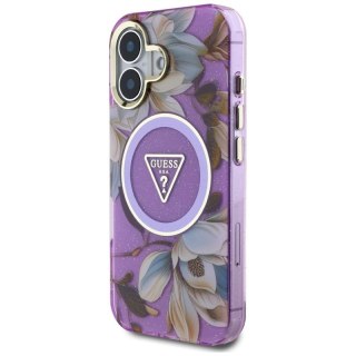 Guess Glitter Flowers Triangle Buttons MagSafe - Etui do iPhone 16 (fioletowy)