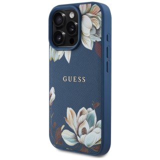 Guess Grained Printed Flower Pattern MagSafe - Etui do iPhone 16 Pro (niebieski)