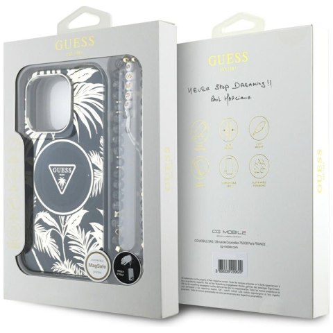 Guess Palm Trees Triangle Pearl Strap MagSafe - Etui do iPhone 16 Pro Max (czarny)