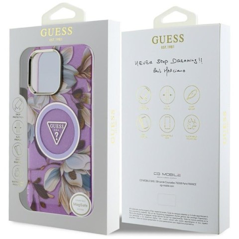 Guess Glitter Flowers Triangle Buttons MagSafe - Etui do iPhone 16 Pro Max (fioletowy)