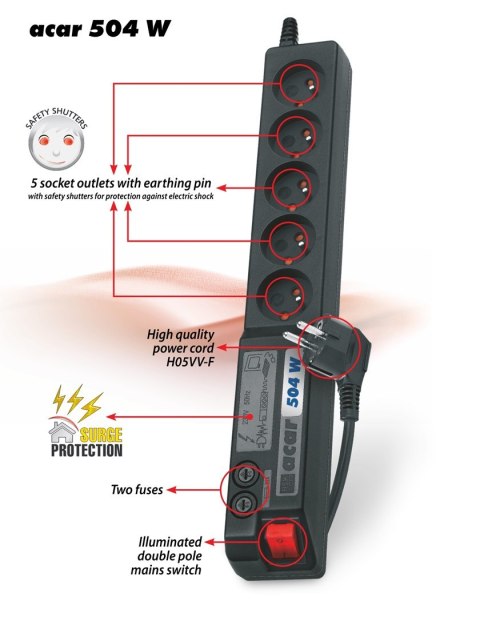 Listwa przeciwprzepięciowa Acar 504WF EMI/RFI (3m ; czarny)