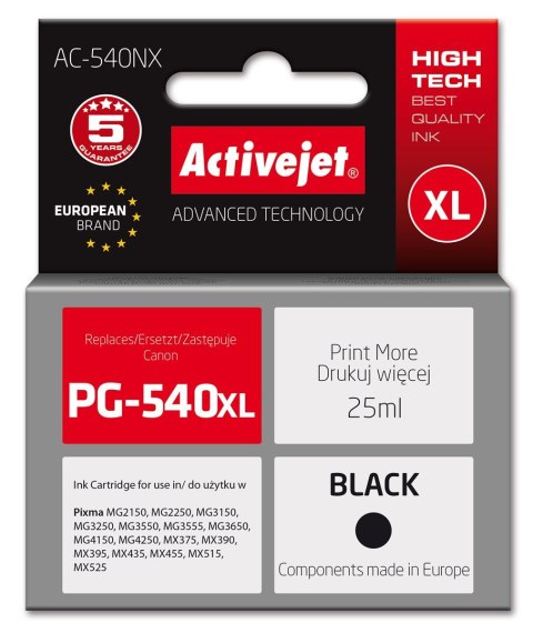 Activejet AC-540NX Tusz (zamiennik Canon PG-540XL; Supreme; 25 ml; czarny) Activejet AC-540NX Tusz (zamiennik Canon PG-540XL; Supreme; 25 ml; czarny)
