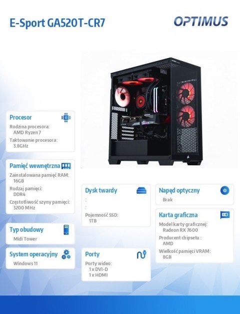 Komputer E-Sport GA550T-CR5 Ryzen 7 5800X/16GB/1TB/RX 7600 GAMING OC 8G/W