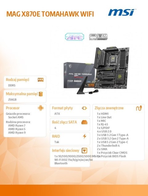 Płyta główna MAG X870E TOMAHAWK WIFI AM5 4DDR5 ATX Płyta główna MAG X870E TOMAHAWK WIFI AM5 4DDR5 ATX
