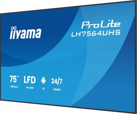 Monitor 75 cali LH7564UHS-B1AG, 24/7,VA,ANDROID14,4K,500cd,5000:1, 2xHDMI ,USB-C,RJ45, RS-232c, IR, 2x10W, 2xUSB, UCHWYT ŚCIE